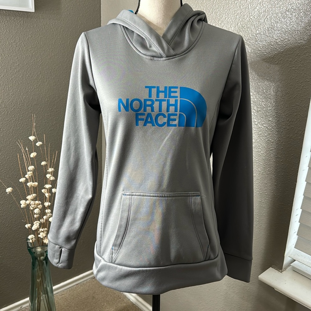 North Face brand hoodie gray/turquoise blue long sleeve w/ thumb holes Size S